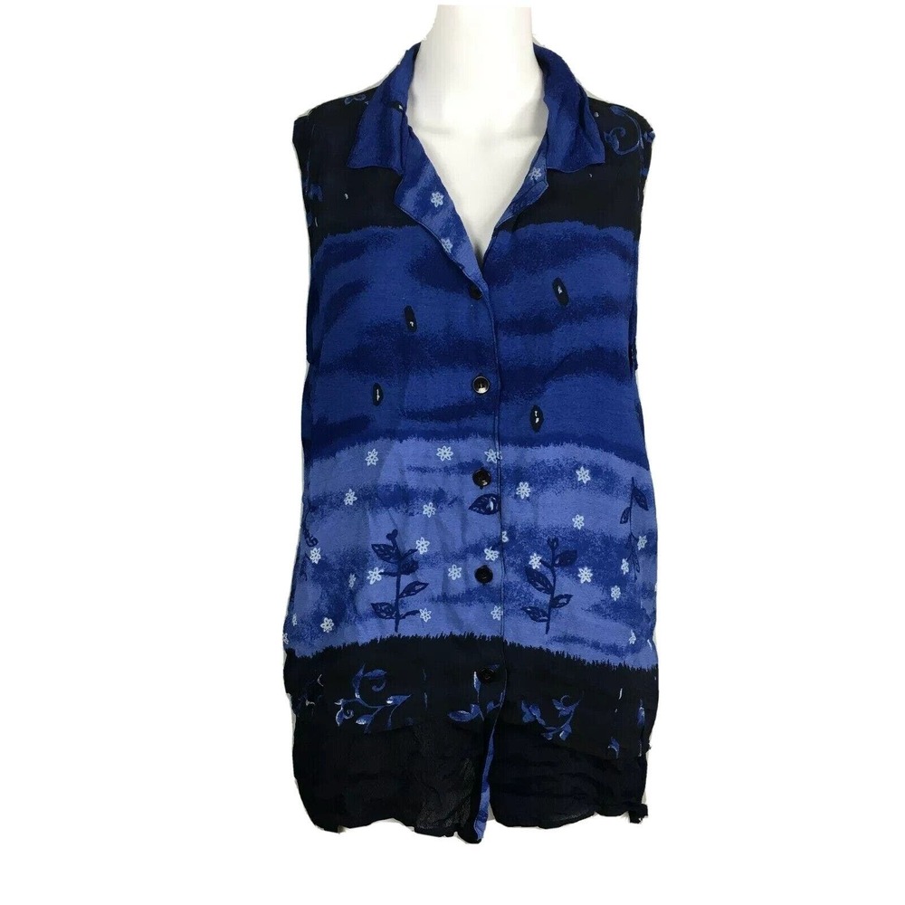 Tantrums Shirt Womens Sz L Blue Black Floral Sleeveless Button Up Art to Wear